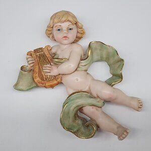 Vintage Italy Belli Angel Playing Harp Figurine 6" Colorful Pastel Blue Eyes 199